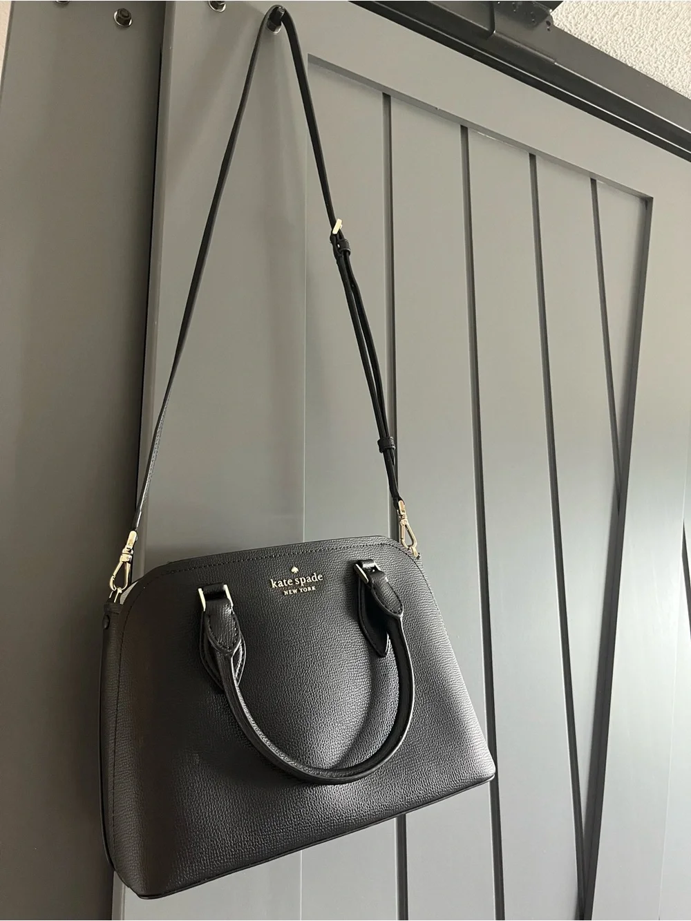 kate spade Black Pebbled Faux Leather Satchel with Gold Logo